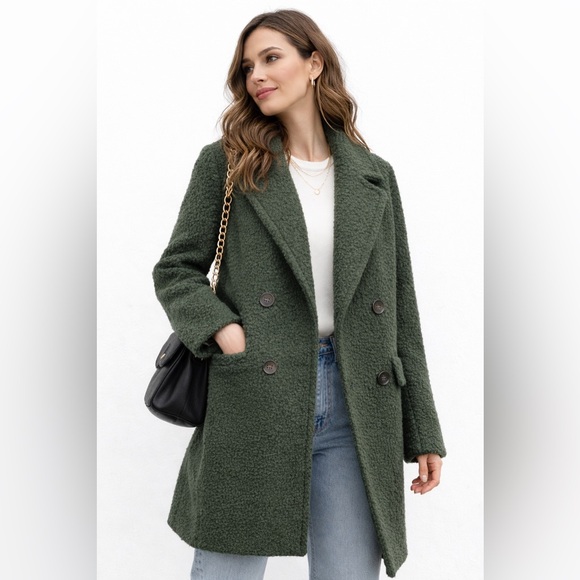 BCBGeneration Moss Green Bouclé Double Breasted Coat Teddy SOFT Pea Overcoat LG - Picture 13 of 13